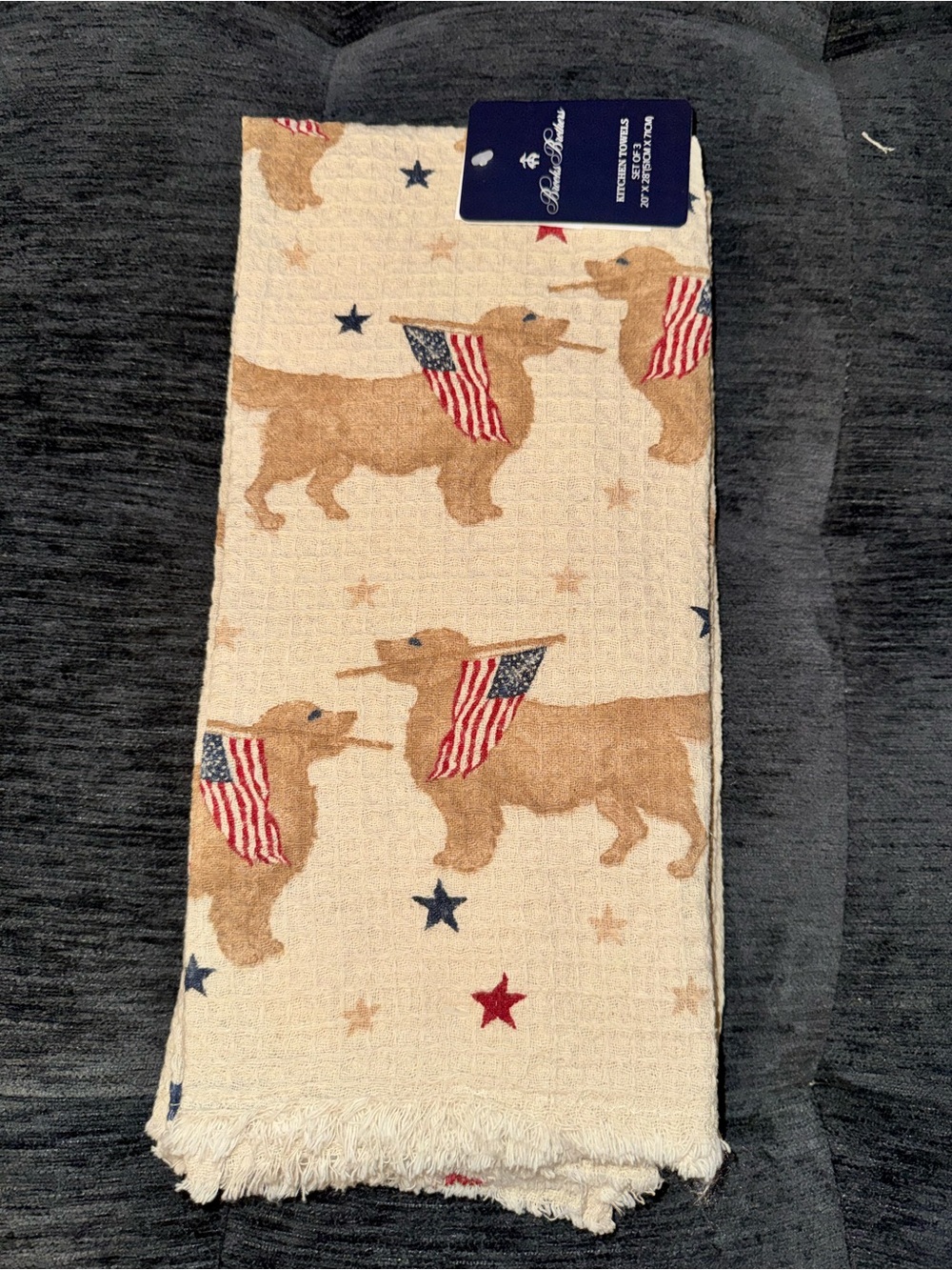 Brooks Brothers Cream Kitchen Towel with Patriotic Dog Print golden retriever